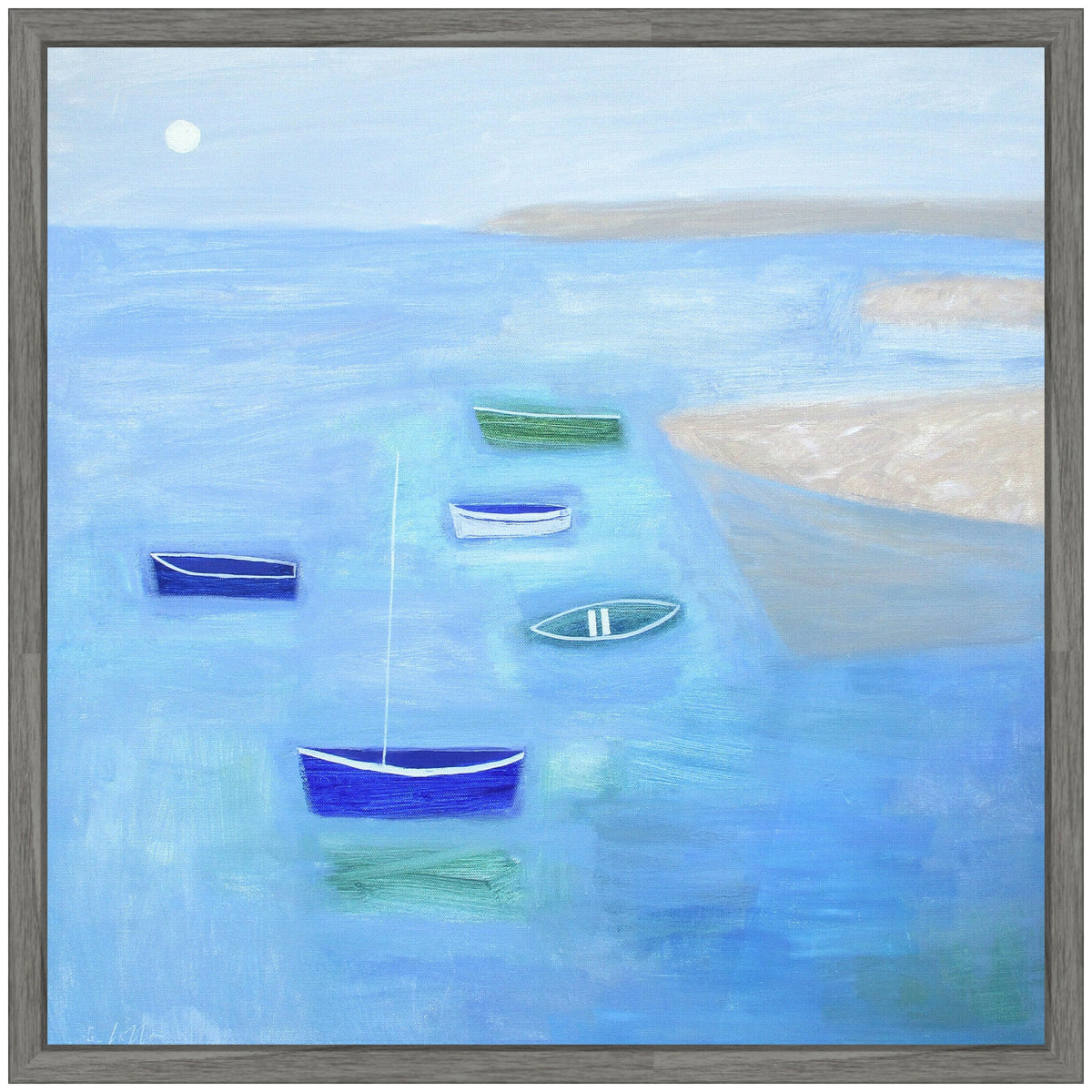 Softly painted seascape with six small boats in blue and green hues floating on calm blue waters near pale sandy shores under a light sky with a white sun.