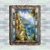 Coastal wall art resembling an open wooden window revealing a seaside view with cliffs, colorful houses, sailboats, and a bright sky.