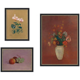 Three framed wall art prints: Cyclamen, Still Life with Fruit, and Bouquet in a Chinese Vase Odion Redo styled together