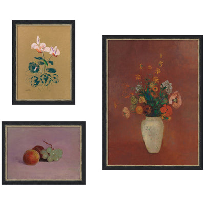 Three framed wall art prints: Cyclamen, Still Life with Fruit, and Bouquet in a Chinese Vase Odion Redo styled together