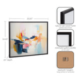 Abstract painting with broad strokes in blue, orange, pink, and yellow hues, framed in a slim black natural oak frame, shown from a side angle with dimensions