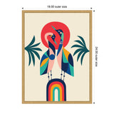Stylized modern artwork of two colorful geese with geometric shapes and a large red circle backdrop, flanked by simple green palm leaves in a wooden frame.