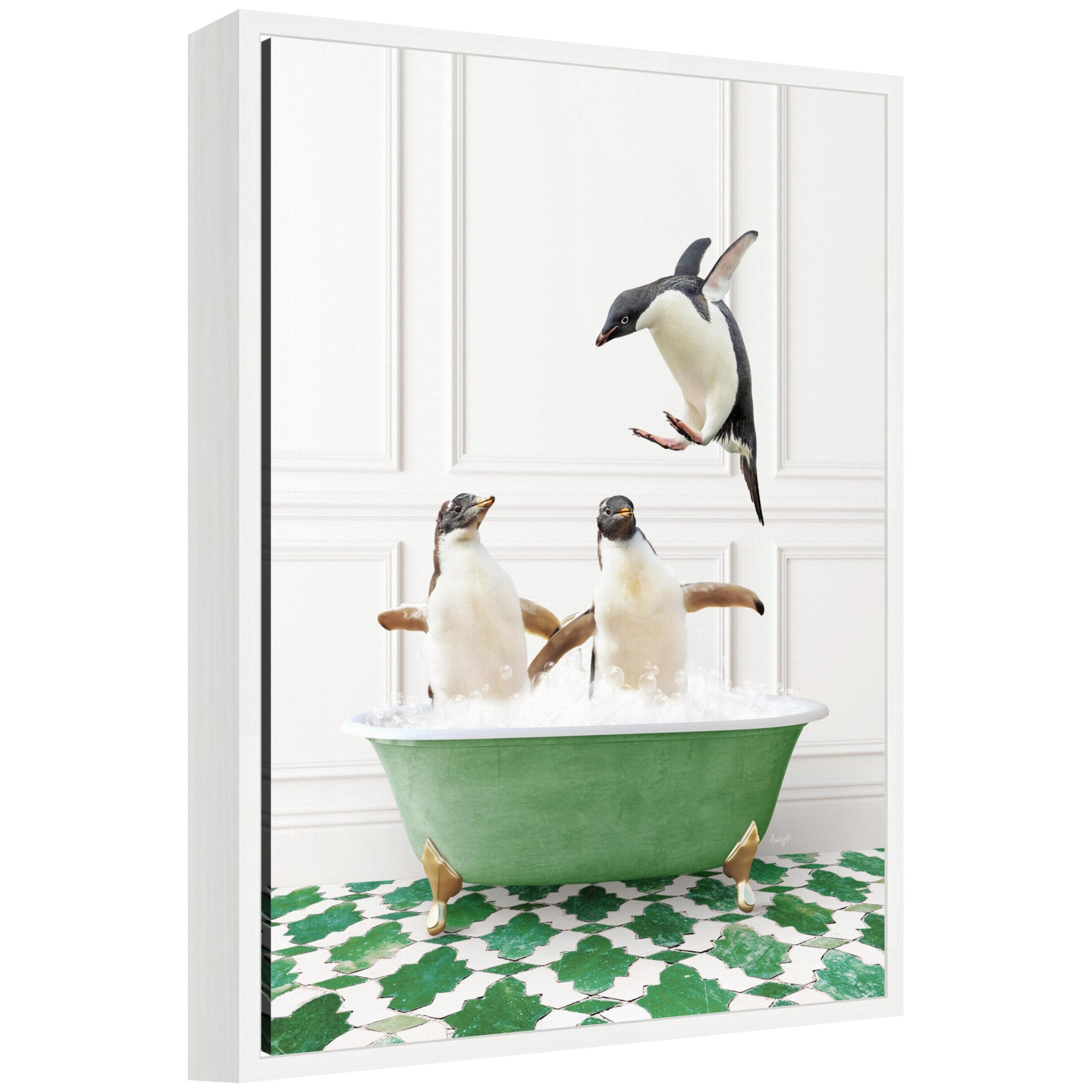Framed canvas art showing Sylvie penguins in an eclectic green panel bathtub by Amy Peterson