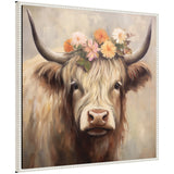Sylvie Adorable Floral Boho Highland Cow Framed Canvas showing a Highland cow with floral and boho style elements in a polystyrene frame