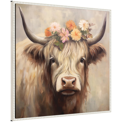 Sylvie Adorable Floral Boho Highland Cow Framed Canvas showing a Highland cow with floral and boho style elements in a polystyrene frame