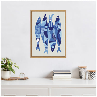 Sylvie Modern Coastal Sardines in Blue Framed Canvas by Rachel Lee