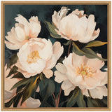Four large cream-colored peony flowers with soft peach and yellow centers against a dark, moody blue-green background framed in light wood.