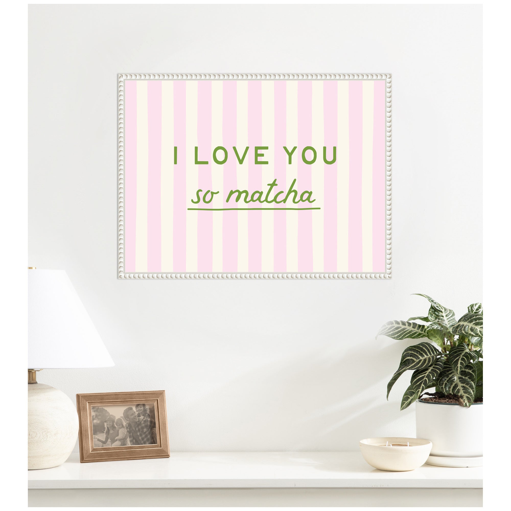I Love You So Matcha Pink and Green Striped Kitchen Art Dopamine Decor by Lucky Guava