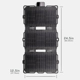 Rectangular black Spectre 18W solar panel with three segmented grid sections and foldable design, measuring 24.5 by 12.5 inches as shown with dimensions