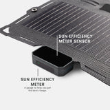 Close-up of a black rectangular sun efficiency meter attached to a hexagonal-patterned solar panel with labeled sensor and meter components visible.
