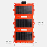 Trifold Spectre 18W solar panel with black cells mounted on bright red flexible backing, shown flat with dimensions 24.5 by 12.5 inches