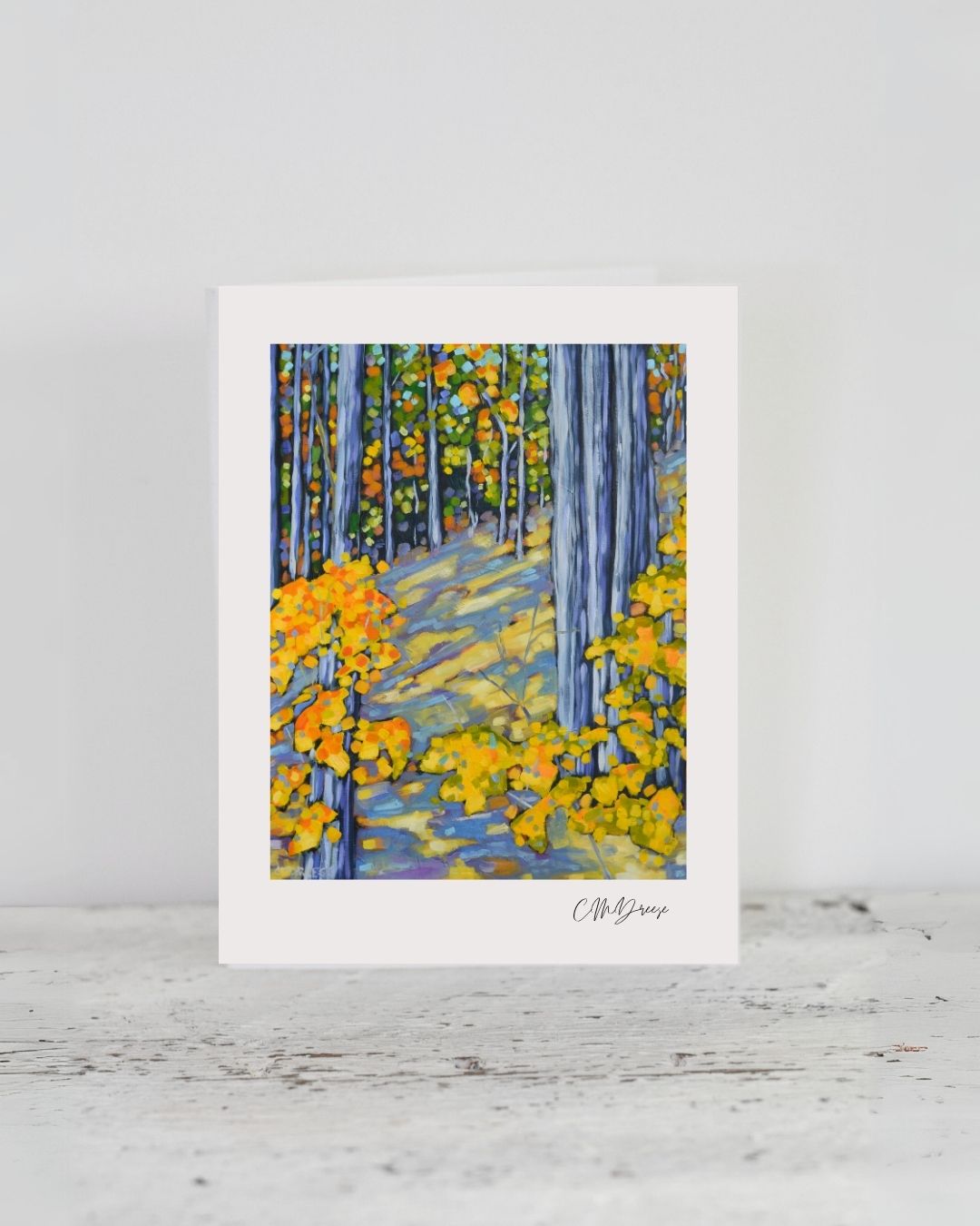 Sweet Autumn Days notecard on white linen textured paper with crisp white envelope