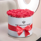 Round white box with coral pink roses arranged inside, featuring a matching coral pink ribbon tied into a bow around the box, placed on a beige chair.