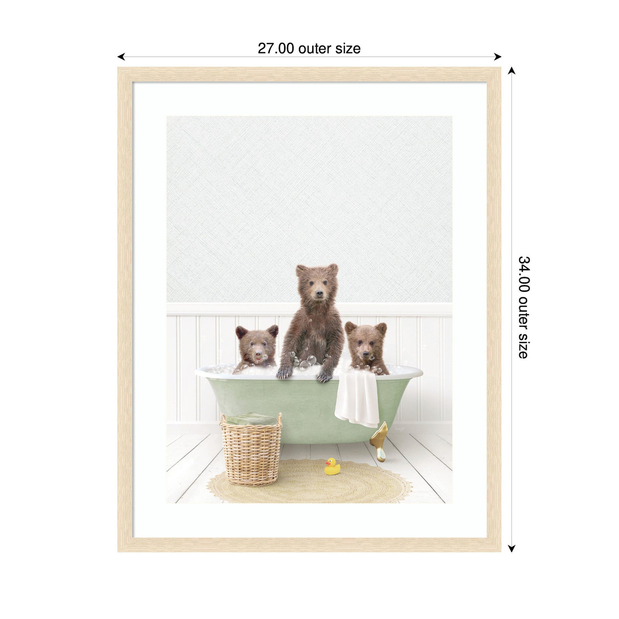 Three Bear Cubs in Cottage Green Bath by Amy Peterson Framed Wall Art Print