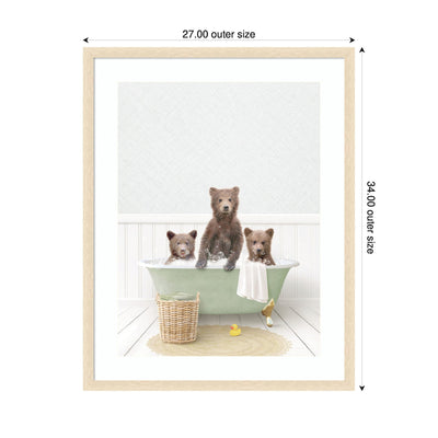 Three Bear Cubs in Cottage Green Bath by Amy Peterson Framed Wall Art Print