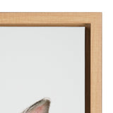 Top corner of a natural wood frame surrounding a white canvas with a faint depiction of soft fur detail at the lower left corner.
