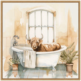 Watercolor painting of a brown Highland cow lounging in a white clawfoot bathtub against a window-lit bathroom with beige walls and two potted plants on tiled floor.