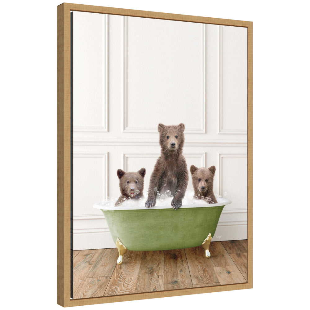 Framed canvas art showing three bear cubs in a transitional bathtub by Amy Peterson