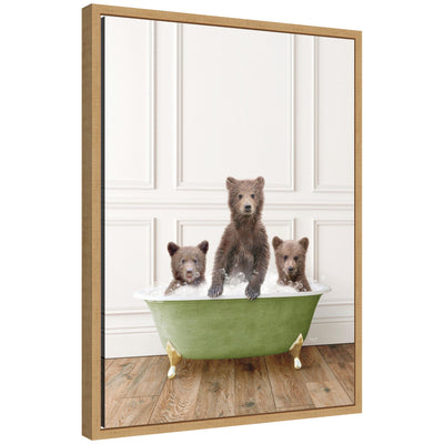 Framed canvas art showing three bear cubs in a transitional bathtub by Amy Peterson