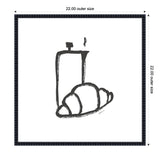 Minimalist black ink drawing of a steaming coffee pot and a croissant on a white background, framed in a 22x22 inch black decorative frame.