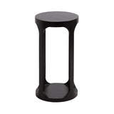 Tall, slender dark wood drink table with round top and base, featuring smooth, curved supports creating an open rectangular space in the sides.