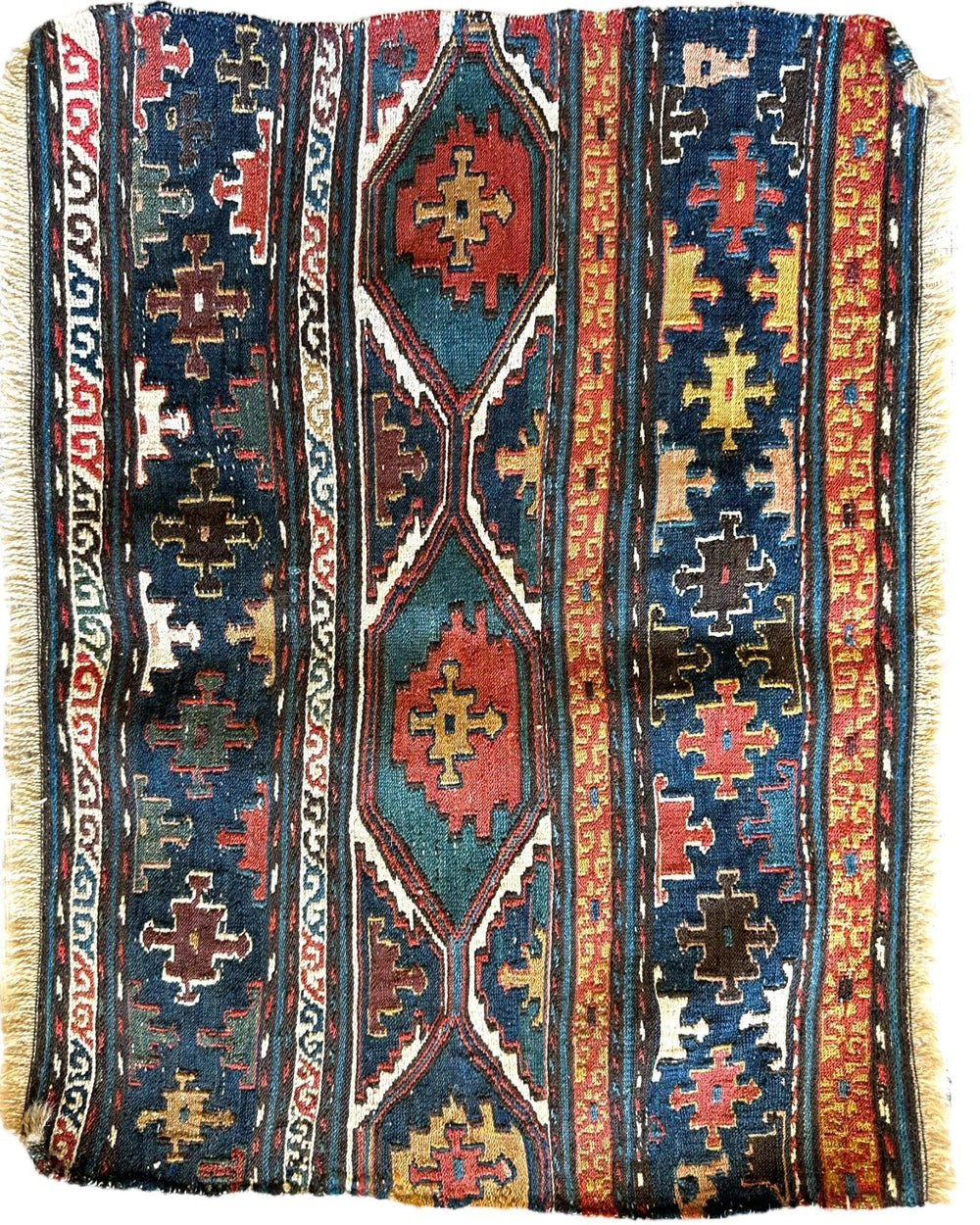 1900’s Antique Tribal Shahsavan Caucasian cradleface rug panel, detailed tribal patterns in natural wool, size 18 by 16 inches