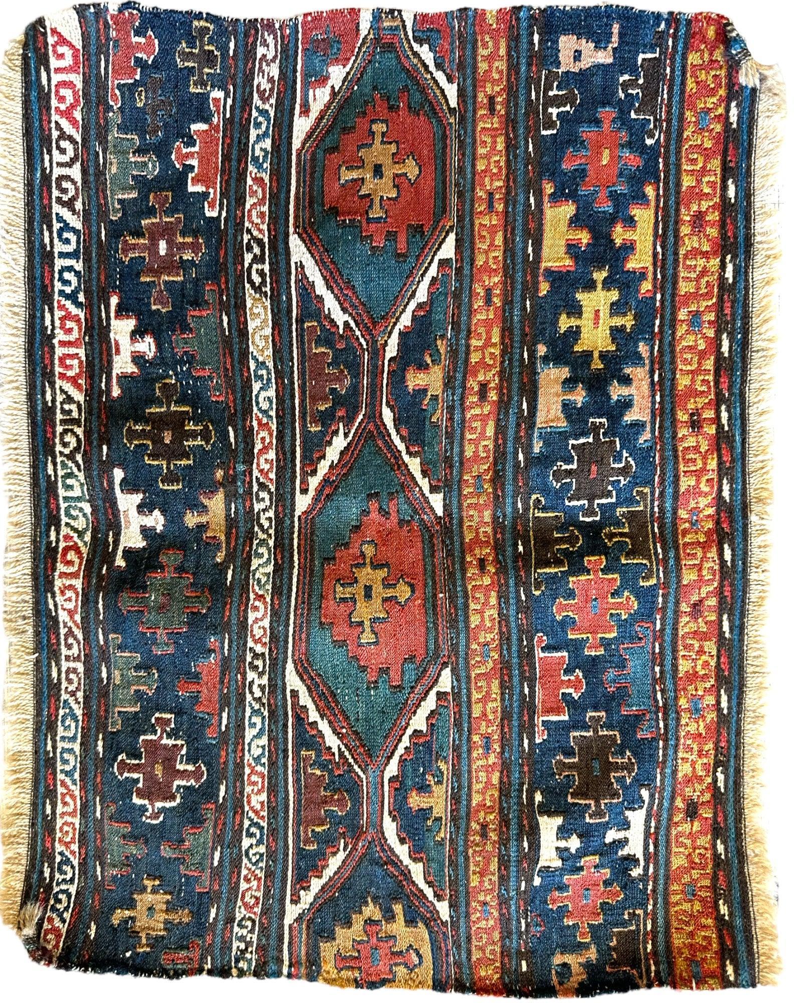 1900’s Antique Tribal Shahsavan Caucasian cradleface rug panel, detailed tribal patterns in natural wool, size 18 by 16 inches