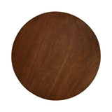 Top-down view of a round wooden table with a smooth, dark brown finish and subtle wood grain texture.