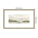 Framed watercolor print depicting a soft, muted winter landscape with rolling hills and clusters of trees in pale green and beige tones.