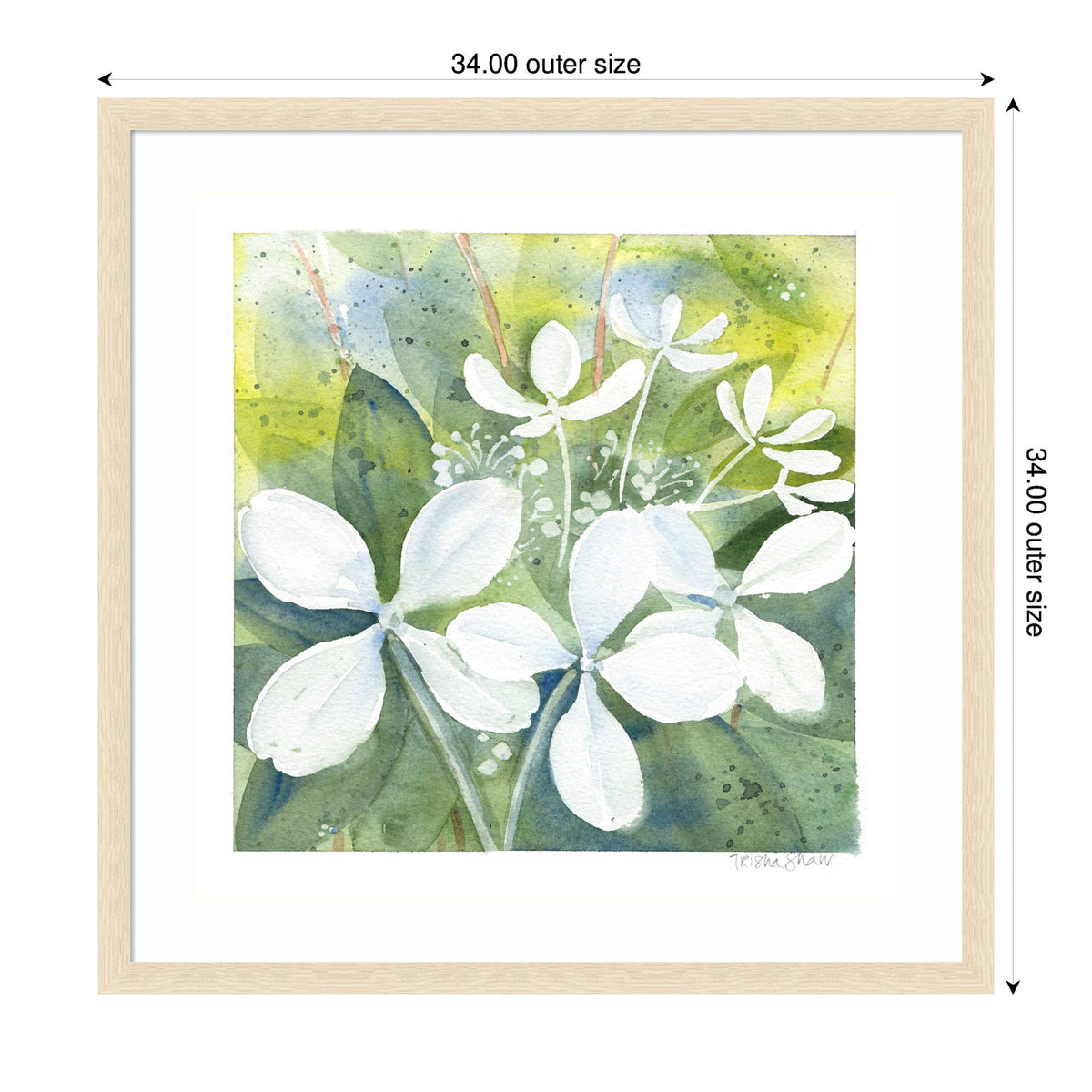 Watercolor painting of white hydrangea flowers with soft green and blue leafy background, framed in light wood, square format with 34-inch outer size.