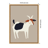 Minimalist illustration of a white goat with black patches and brown ears, wearing round glasses on a beige background framed in light wood.