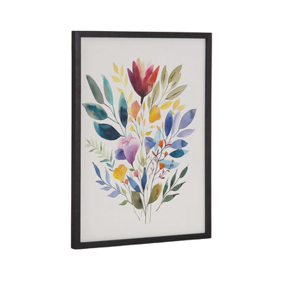 Framed watercolor print featuring a jewel tone botanical bouquet in a black gallery frame