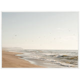 Softly lit sandy beach with gentle waves under a pale sky dotted by scattered flying birds and distant low hills on the horizon.