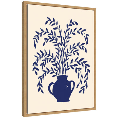 Framed canvas wall art titled Blue Botanical Vase Aurelia 009 by Vicky Yorke showing a botanical vase in blue tones within a natural colored Sylvie frame