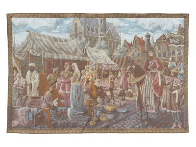 1990s Belgium Wall Tapestry hung on a wall, showing detailed brown Renaissance pattern and texture
