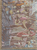 Detailed 1990s Belgium tapestry depicting medieval marketplace scene with noble figures, horses, and pottery on cobblestone street in earthy tones of brown, pink, and gold.