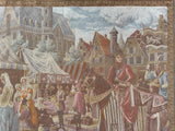 Medieval market scene tapestry depicting townspeople in period attire, a knight on horseback with banner, colorful market tents, and Gothic architecture under a cloudy sky.