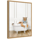 Framed canvas art depicting a tiger sitting inside a traditional vintage bathtub