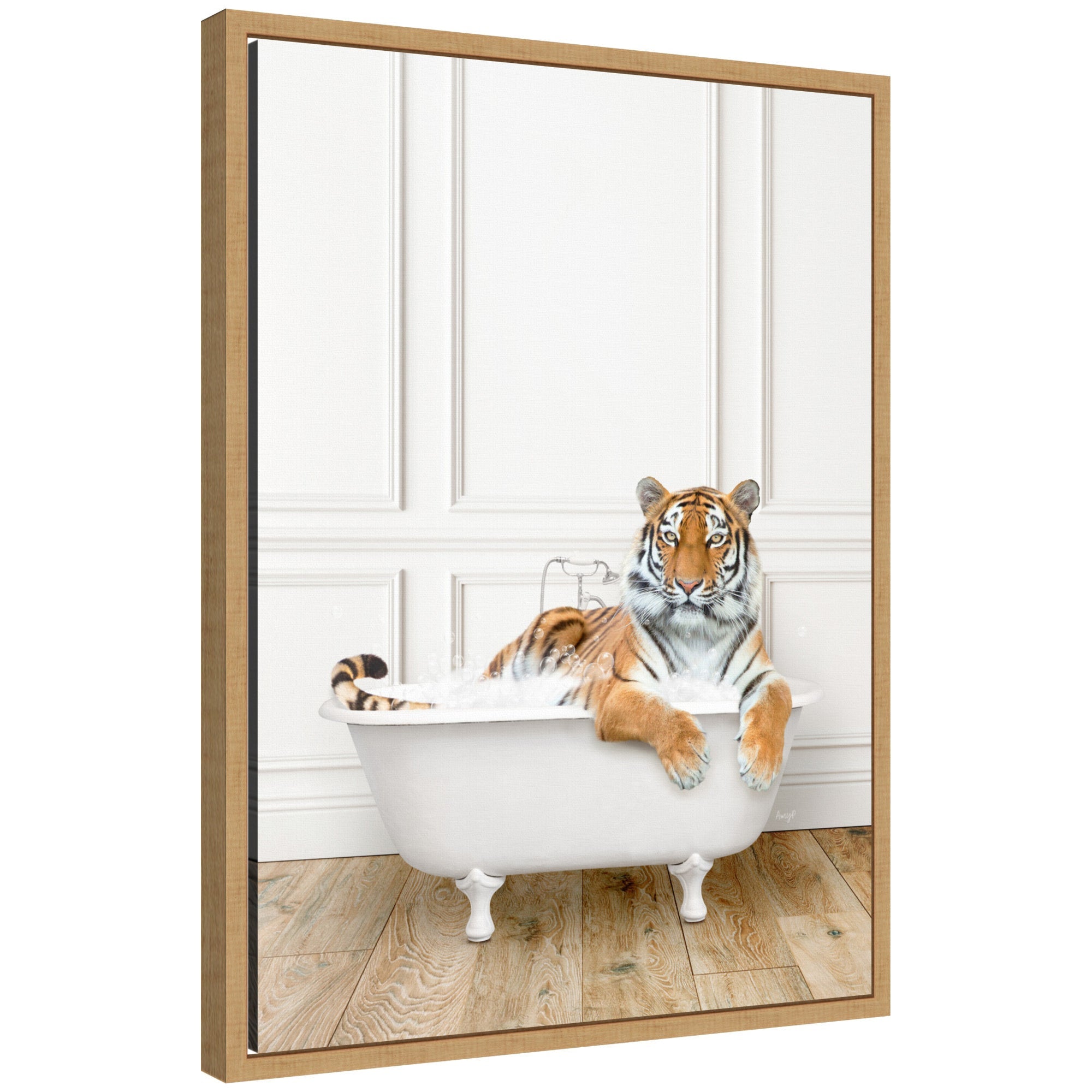 Framed canvas art depicting a tiger sitting inside a traditional vintage bathtub