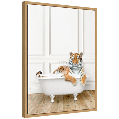 Framed canvas art depicting a tiger sitting inside a traditional vintage bathtub