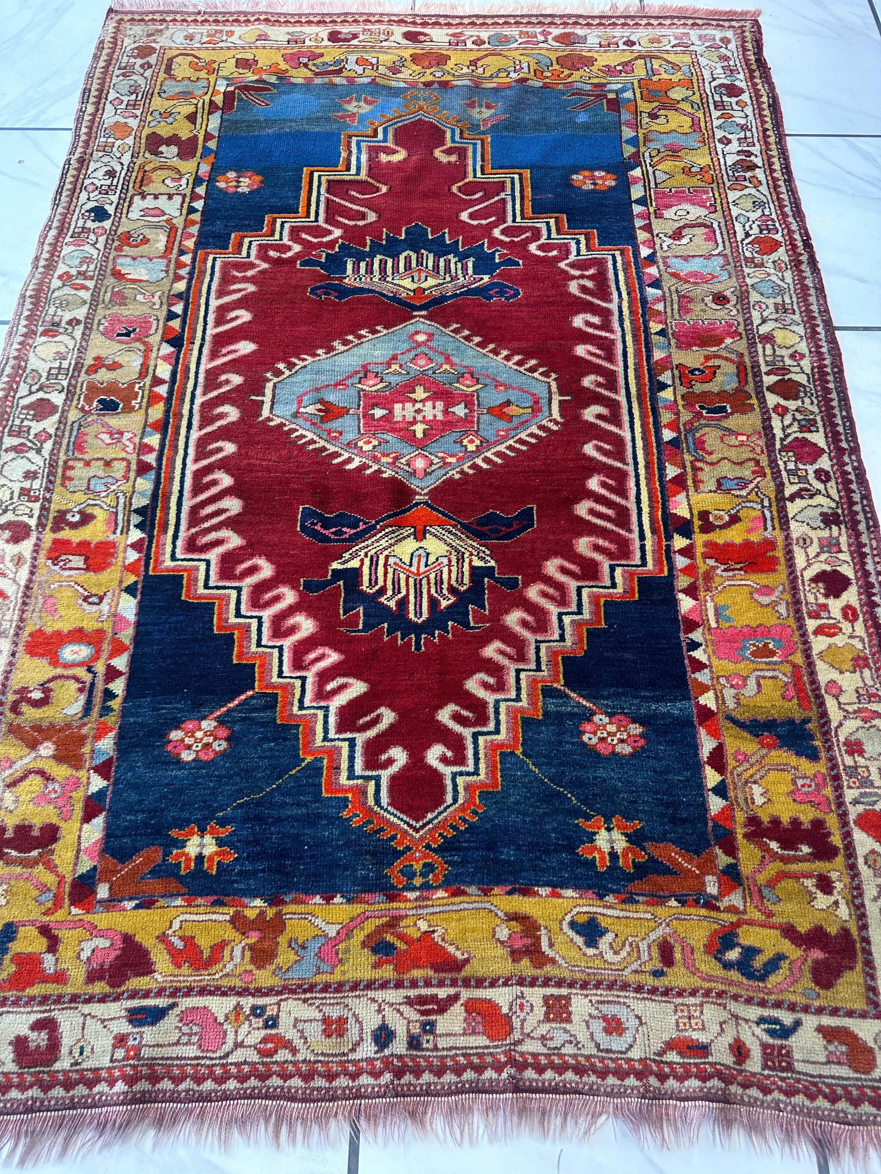 Hand-Knotted Antique Turkish Melas Wool Rug – 4'3" x 5'11" – Vibrant by Rugistan - product image 4 for Resin Society