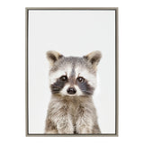 Framed canvas print featuring a close-up portrait of a young raccoon with detailed gray and black fur on a white background.