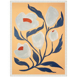 Abstract floral painting with white flowers featuring red centers and dark blue leaves on a warm beige background, framed in a white textured frame.