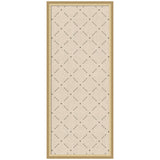Beige pinboard with a repeating green lattice pattern formed by diagonal lines and small leaf-like shapes, framed in light wood with a glass front.