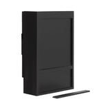 Black rectangular wall cabinet with a flat front panel and a separate thin horizontal strip placed beside it on a white background.