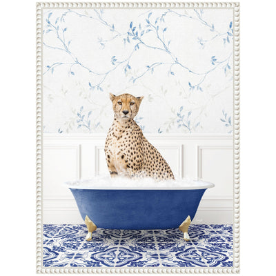 Sylvie Cheetah in Eclectic Blue Bath Framed Canvas by Amy Peterson
