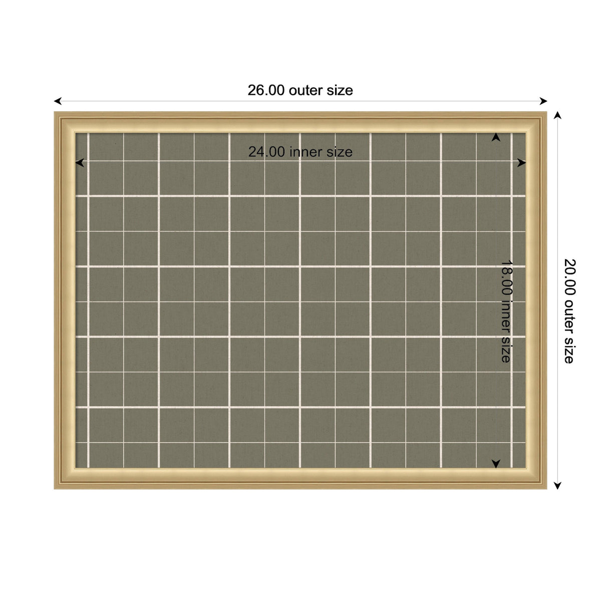 Rectangular framed fabric pinboard with a sage green plaid pattern and white grid lines, measuring 24 by 18 inches inside a light wood frame 26 by 20 inches.
