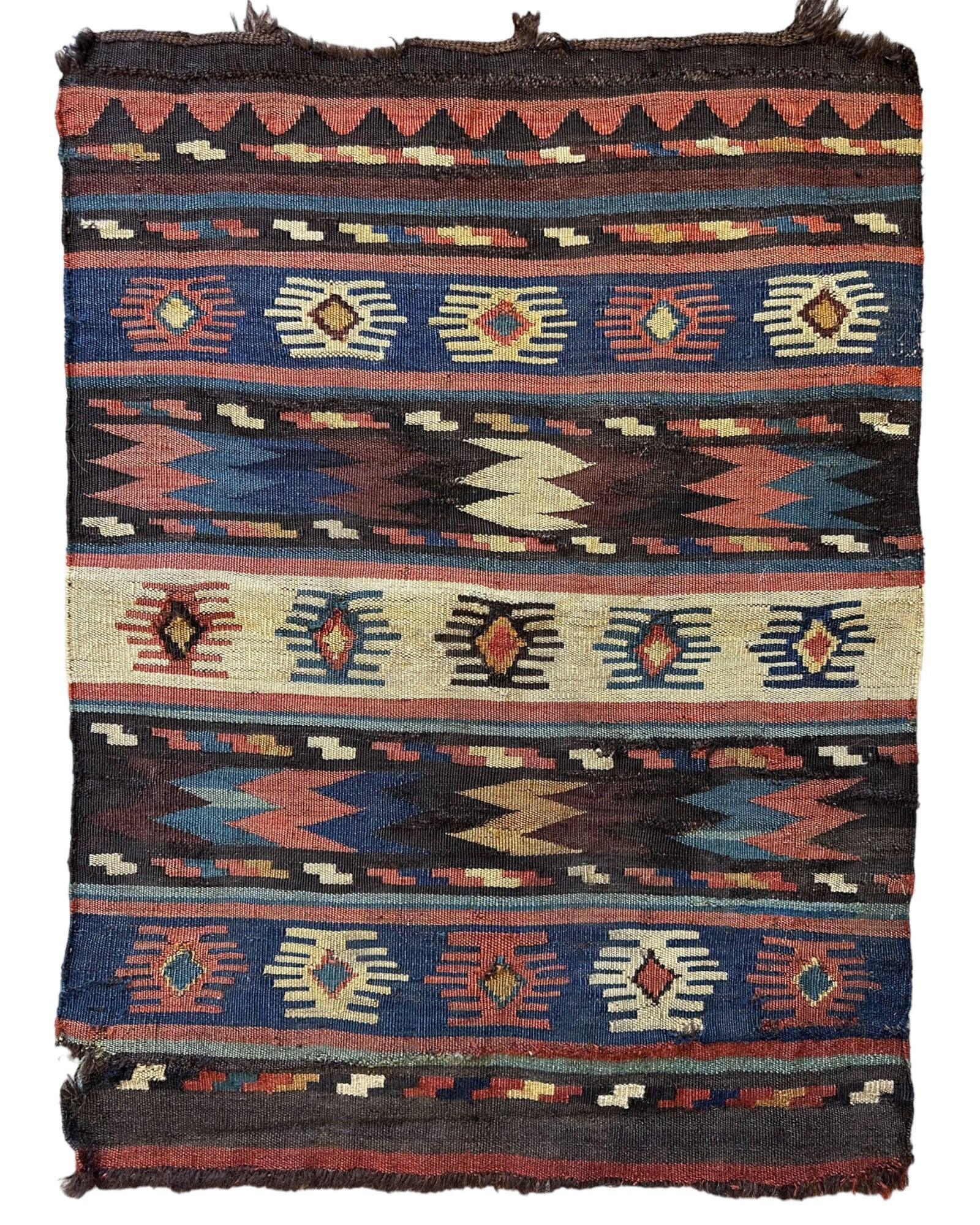 Hand-knotted 19th C Shahsavan Caucasian Mafrash Panel displaying tribal motifs in natural wool, sized 26 by 18 inches