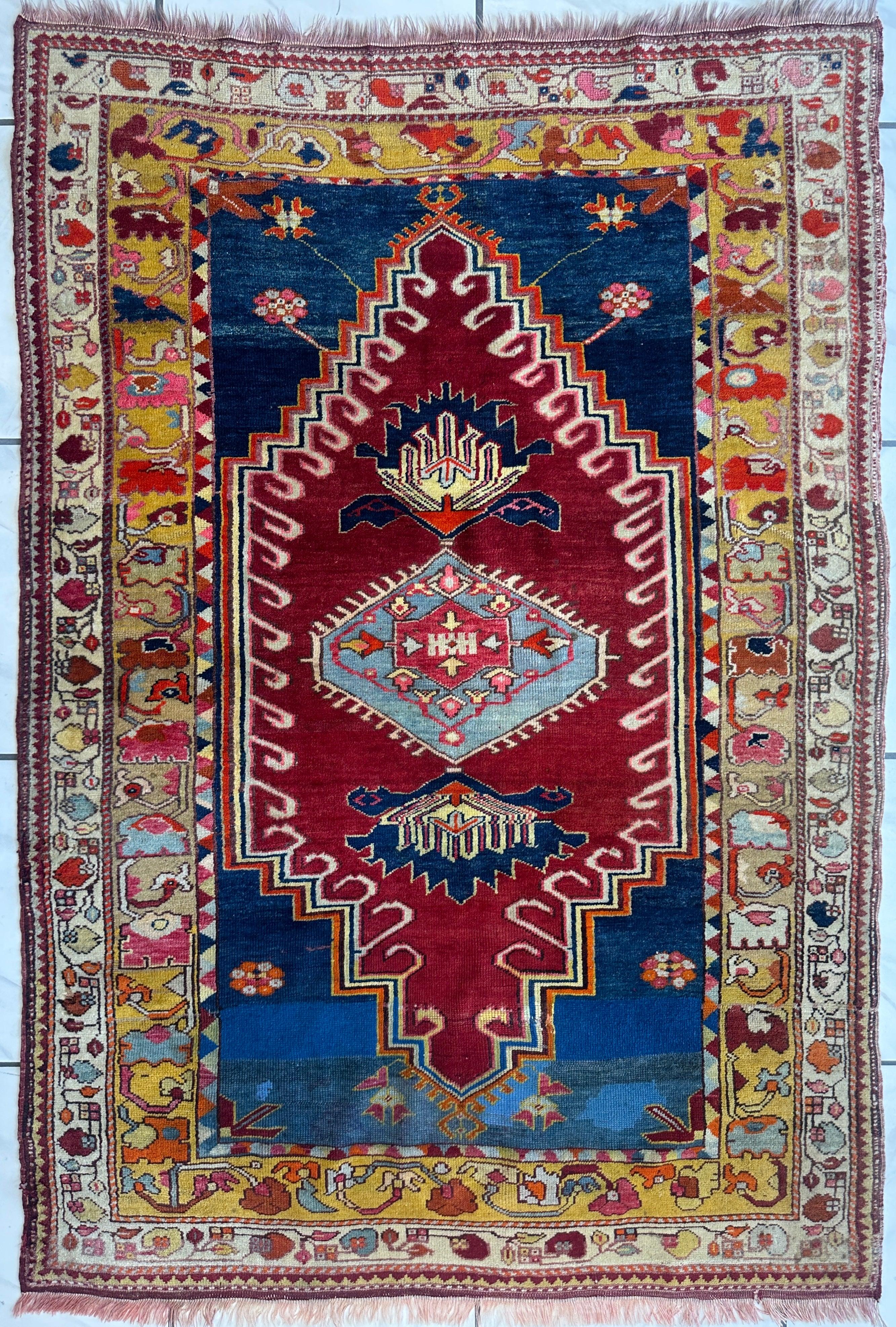 Hand-Knotted Antique Turkish Melas Wool Rug – 4'3" x 5'11" – Vibrant by Rugistan - main product image for Resin Society