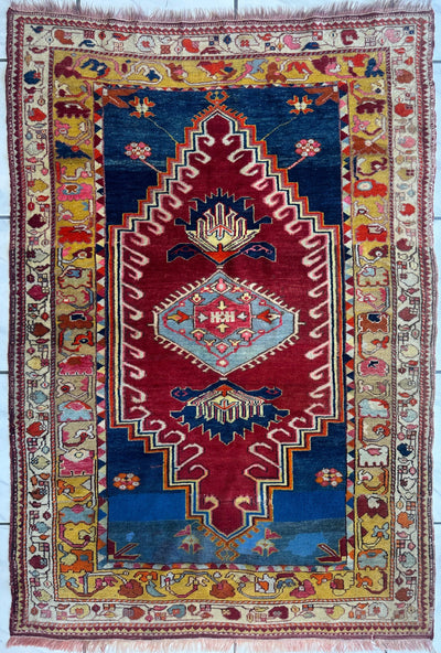 Hand-Knotted Antique Turkish Melas Wool Rug – 4'3" x 5'11" – Vibrant by Rugistan - main product image for Resin Society